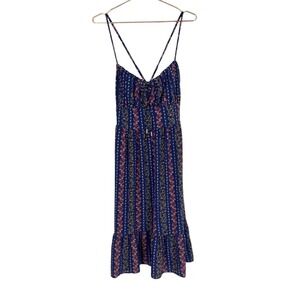BCBG Paris Sun Dress Womens Medium Blue Multicolor Printed Crepe Ruffle Hem Midi